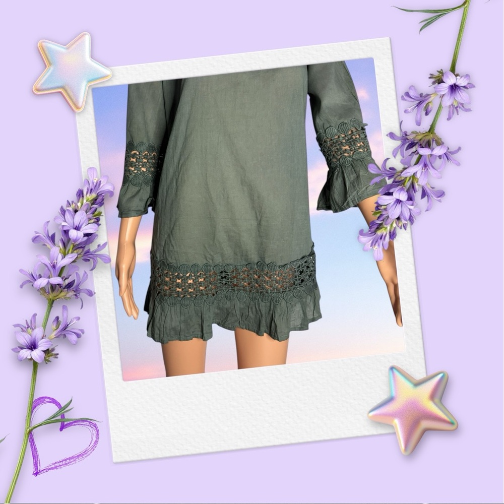 Ruffled Olive Green Tunic Top with 3/4 sleeves enhanced with crochet details L